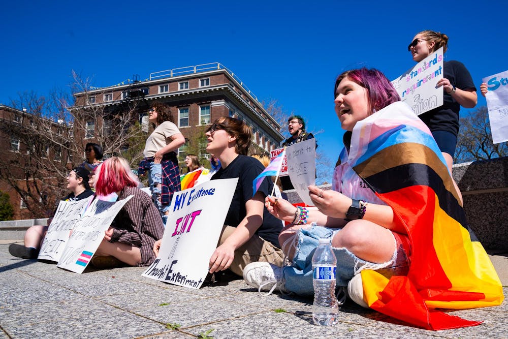 Student protesters partake in an energetic chant during a transgender rights protest at the Hannah Administration Building on April 15, 2024.