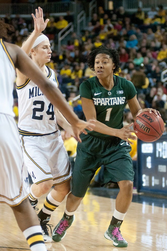 	<p>Senior guard Jasmine Thomas dribbles the ball as Michigan guard Jenny Ryan defends her Feb. 16, 2013, during a game against The Wolverines at Crisler Center in Ann Arbor. The Spartans lost 70-69. Julia Nagy/The State News</p>