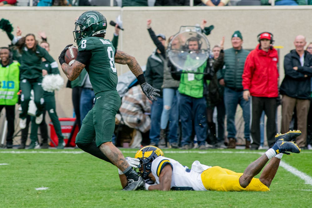 <p>Redshirt junior wide receiver Jalen Nailor finds open space during the Spartans&#x27; 37-33 win against the Wolverines on Oct. 30, 2021.</p>