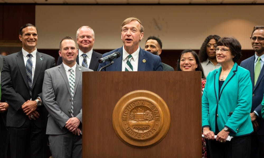 MSU president designee Samuel L. Stanley Jr. speaks during a press conference at the Hannah Administration Building on May 28, 2019.
