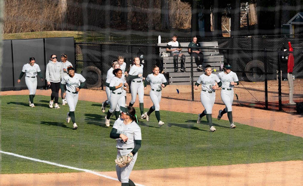 MSU softball team warming up during the MSU V Nebraska Softball game at Secchia Stadium in East Lansing, on March 20 2026.