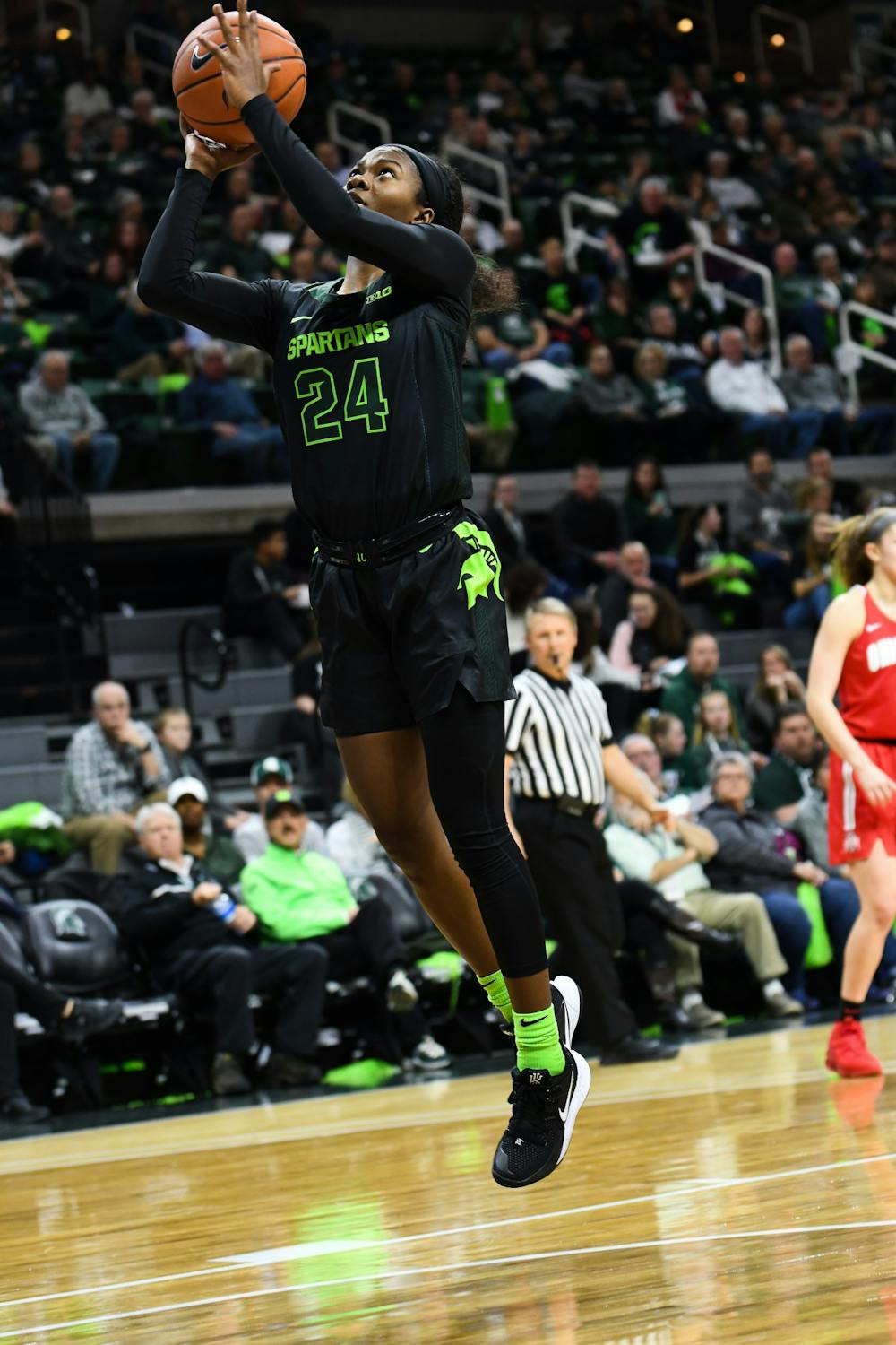 Sophomore Guard  Nia Clouden (24) makes a shot during the women's basketball game against Ohio State on January 16, 2019. The Spartans defeated the Buckeyes 68-65. 