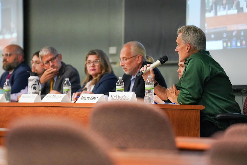 <p>Mark Meadows speaking during the ASMSU City Council candidate forum at Michigan State University's International Center on Oct. 3, 2023.</p>