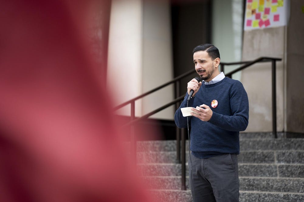 <p>MSU Union of Nontenure Track Faculty President and assistant teaching professor Víctor Rodríguez-Pereira delivers remarks during the Stand Up for Higher Education Rally outside the Hannah Administration Building on April 17, 2025.</p>