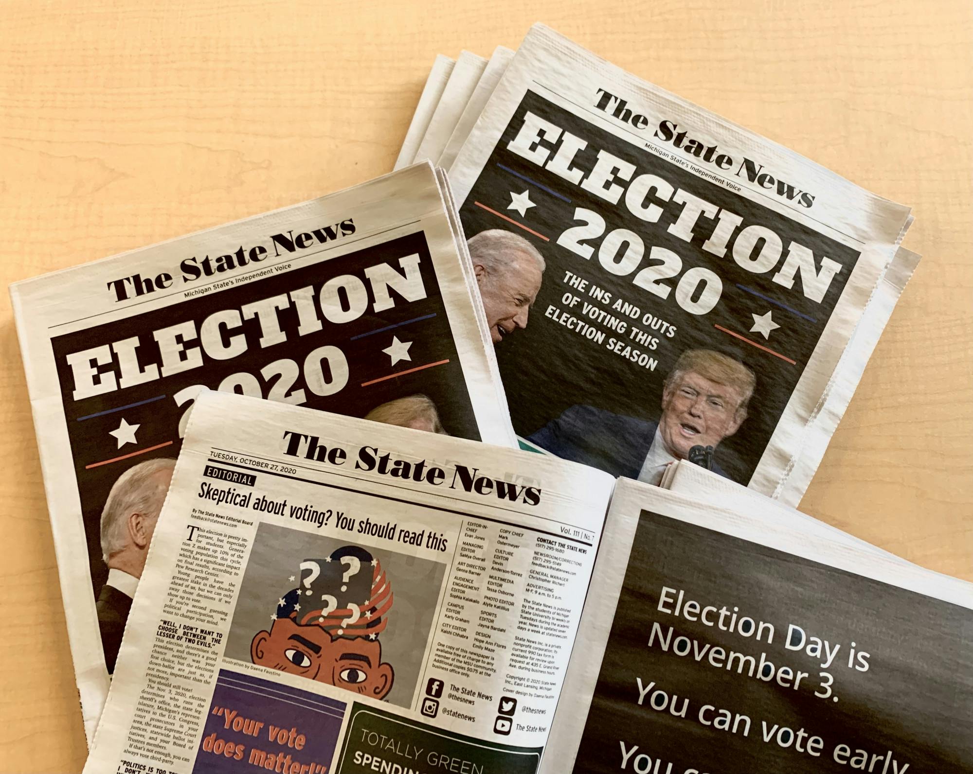 <p>A pile of The State News&#x27; Oct. 27, 2020, print issue. Photo by Daena Faustino.</p>