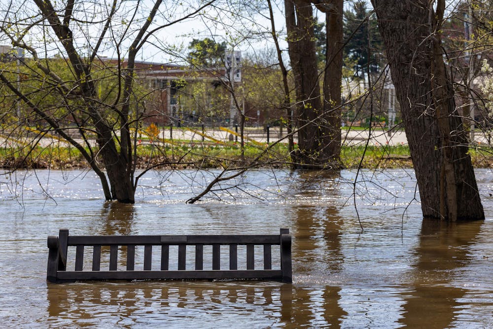 The Red Cedar River flood between IM West and Beal Botanical Garden in East Lansing, Michigan on Friday, April 17, 2026. 