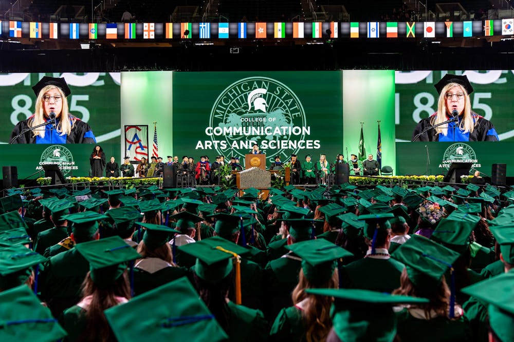 Heidi Hennink-Kaminski, dean of the College of Communication Arts and Sciences, speaks during the Michigan State University College of Communication Arts and Sciences graduation ceremony at the Breslin Student Events Center on Michigan State University’s campus in East Lansing, Mich., on Friday, May 1, 2026.
