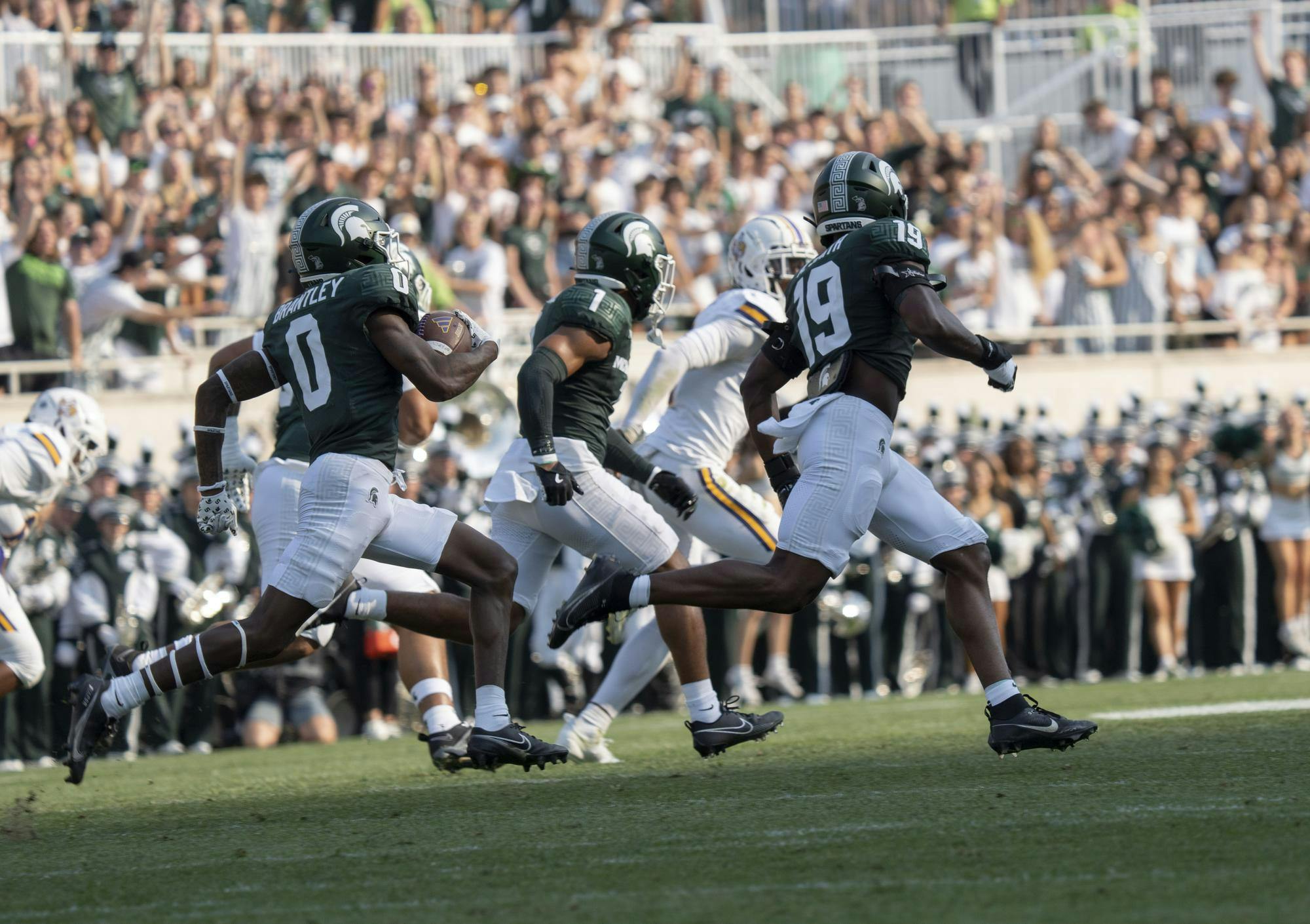 <p>MSU junior defensive back Charles Brantley (0) gets the ball at the MSU vs Prairie View football game on Sept. 14, 2024.</p>