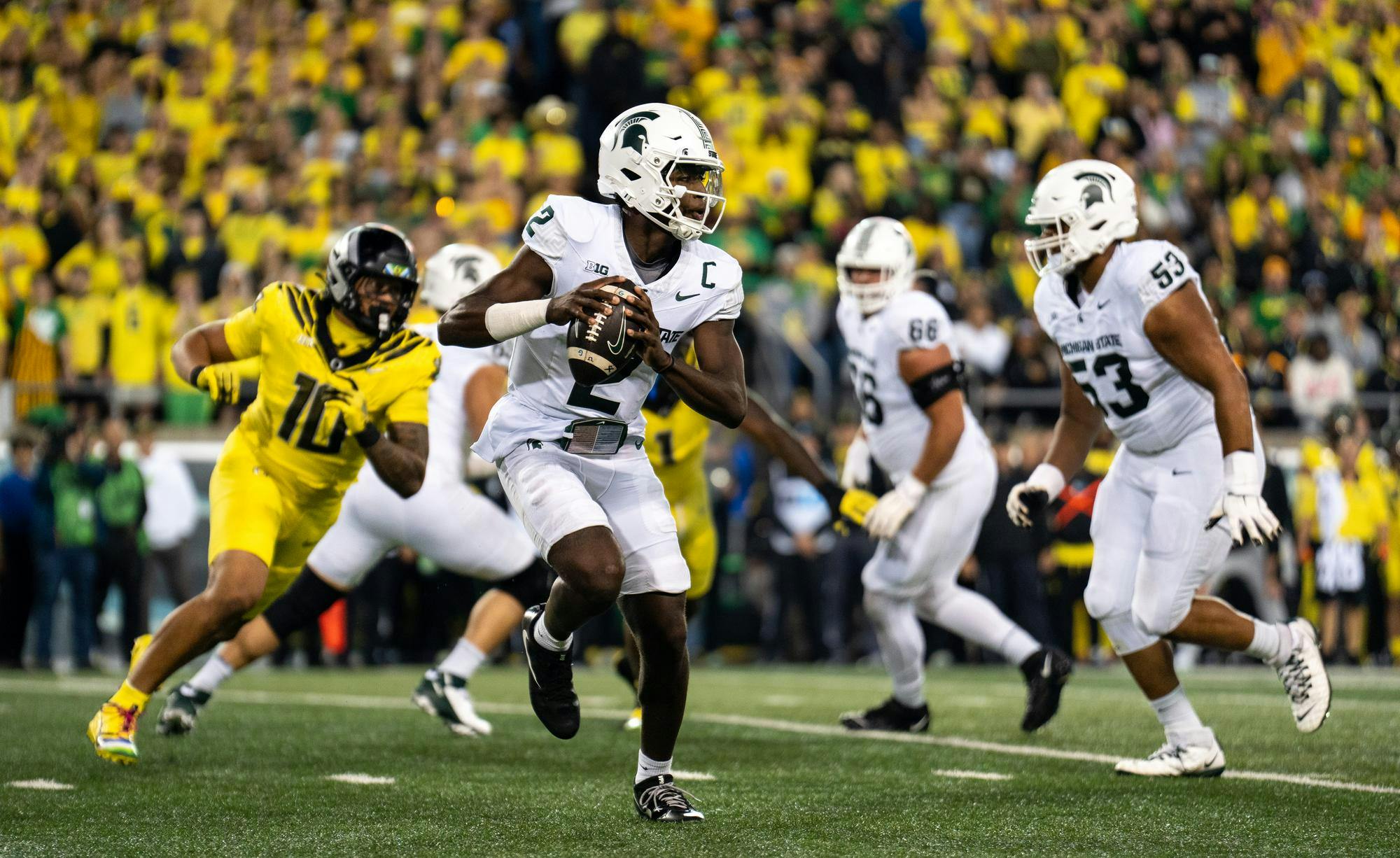 <p>Michigan State University sophomore quarterback Aidan Chiles (2) prepares to pass the ball to a teammate in Autzen Stadium, Oct. 4, 2024. In their first Big Ten matchup against the Spartans, the Ducks dominated, 31-10.</p>