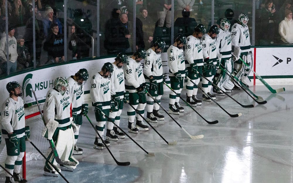 <p>MSU hockey takes a moment of silence for their recent loss of Dan Sturges before their game in Munn Ice Arena in East Lansing, MI on Jan. 23, 2026.</p>