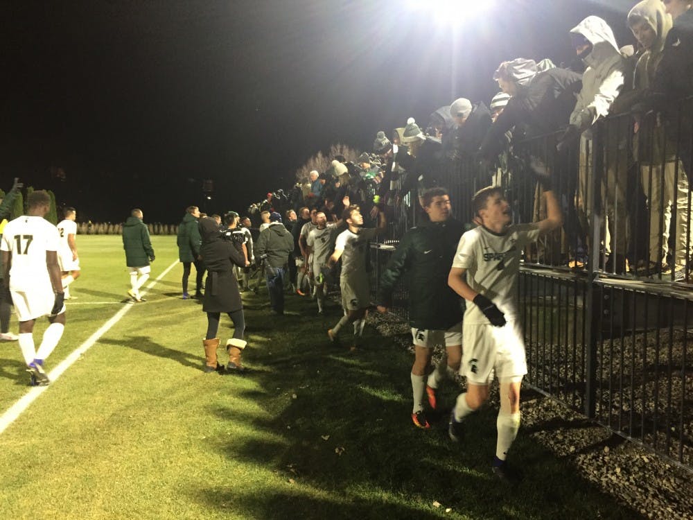 <p>The men's soccer team thanks their fans for the support following a 2-1 victory over Western Michigan to advance to the Elite Eight of the NCAA Tournament.&nbsp;</p>