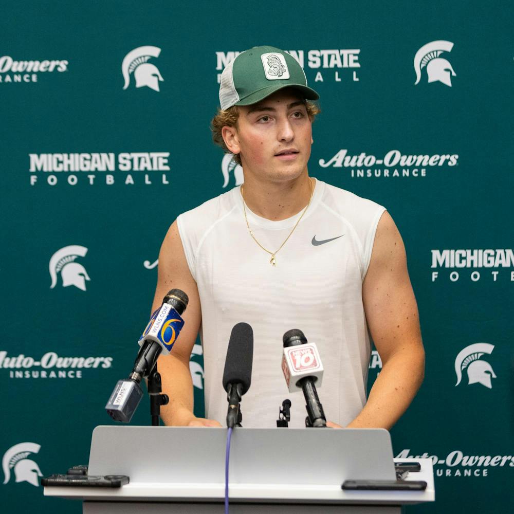 <p>Michigan State QB, Alessio Milivojevic, answers questions during a press conference in the Skandalaris Football building in East Lansing, Mich., on Aug. 6, 2026.</p>