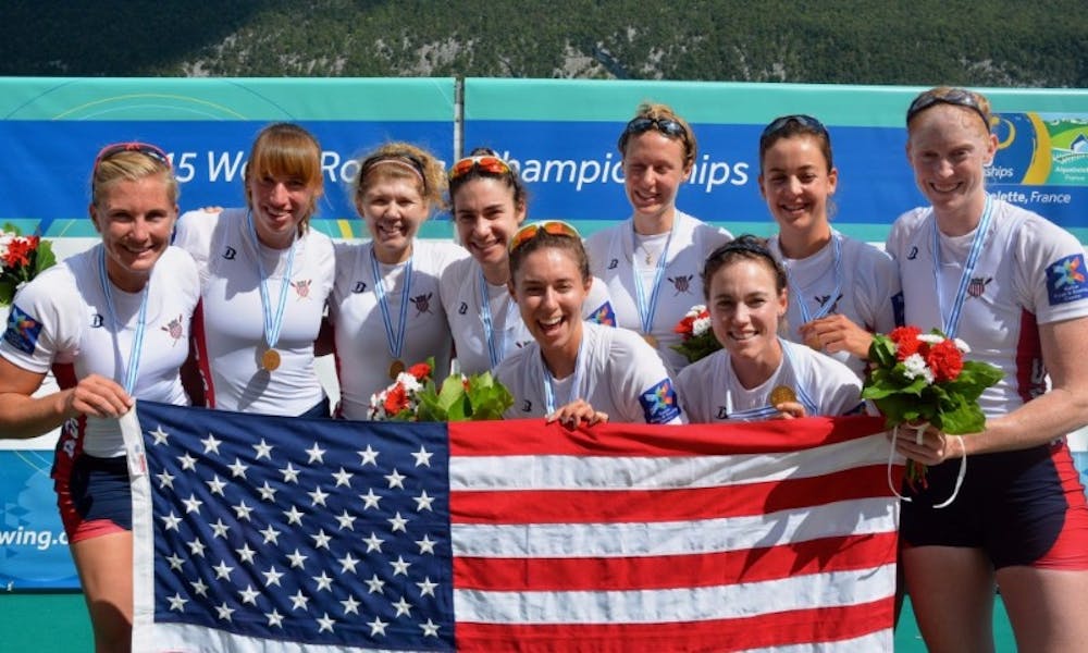 <p>MSU women's rowing celebrate with teammates after winning the gold medal in the women's eight event at the 2015 World Rowing Championships in Aiguebelette, France. Emily Regan is on the far right. STATE NEWS FILE PHOTO</p>