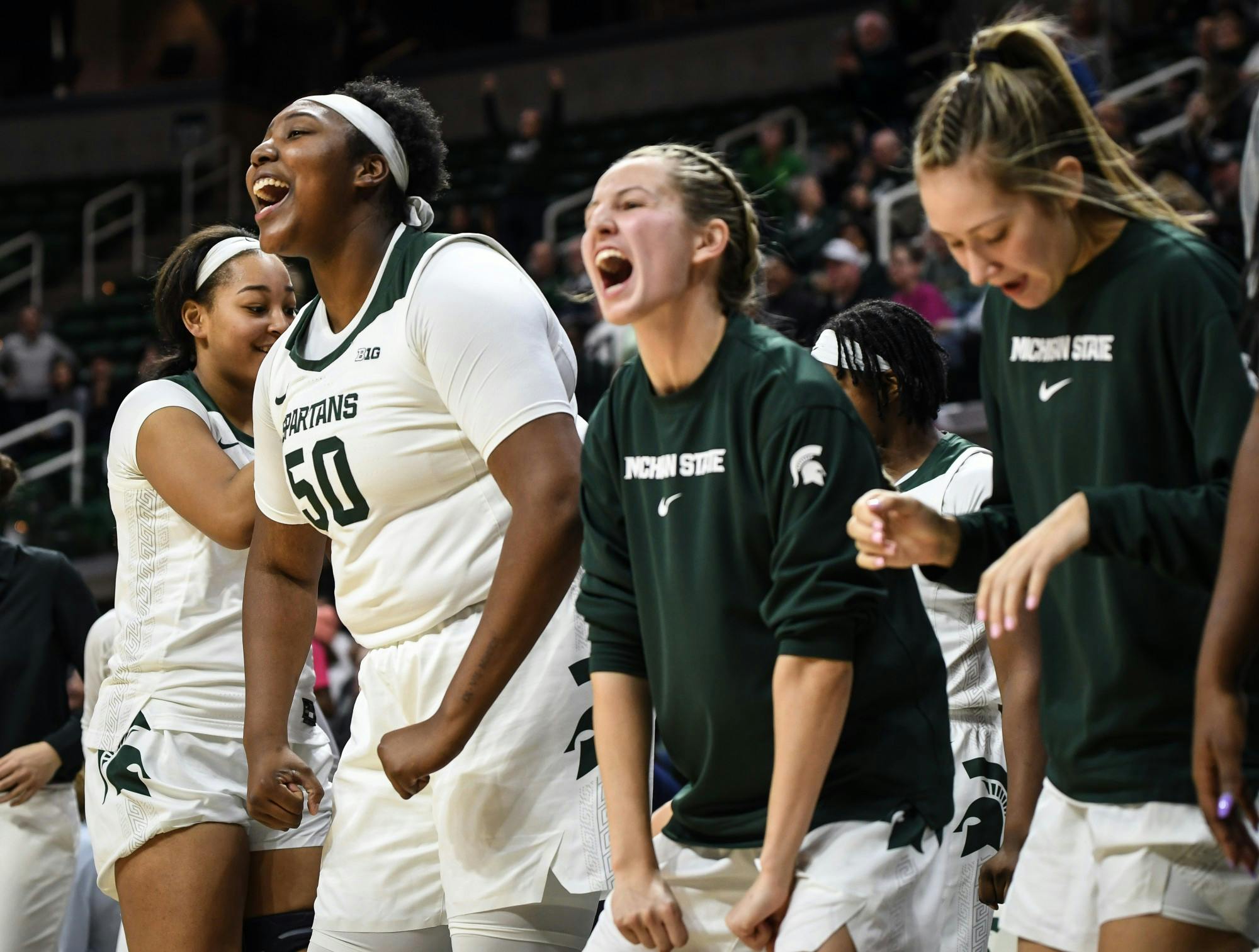 <p>The Spartan bench cheers after a made three point shot during the women&#x27;s basketball game against Rutgers on Feb. 13, 2020 at the Breslin Center. The Spartans ended a five game losing streak and defeated the Scarlet Knights 57-53. </p>