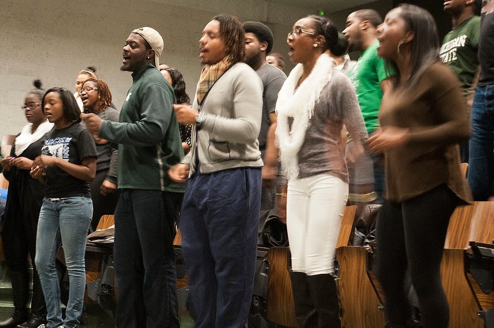 <p>The MSU Gospel Choir sings at Monday's meeting Nov. 10, 2014, in N101 Kedzie Hall. Dylan Vowell/The State News</p>