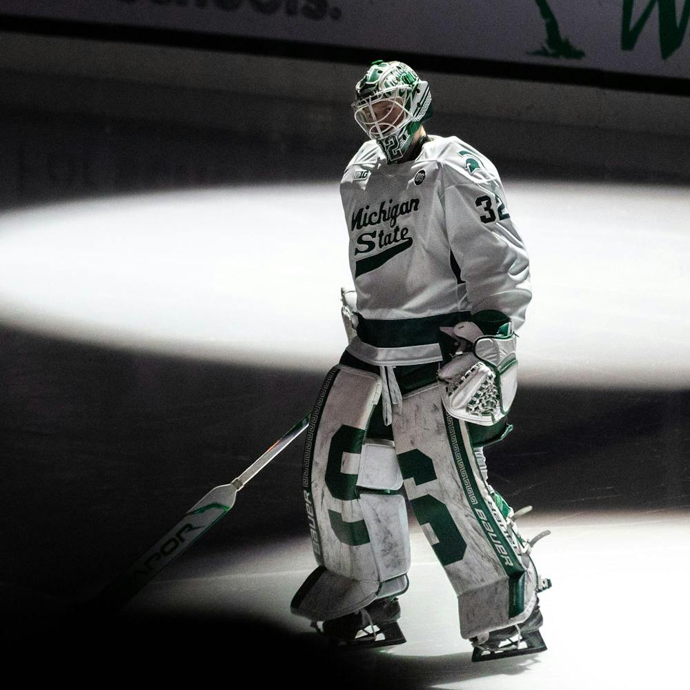<p>MSU Fr. G, Melvin Strahl (32), gets on the ice before a game in Munn Ice Arena in East Lansing, MI on Jan. 23, 2026.</p>