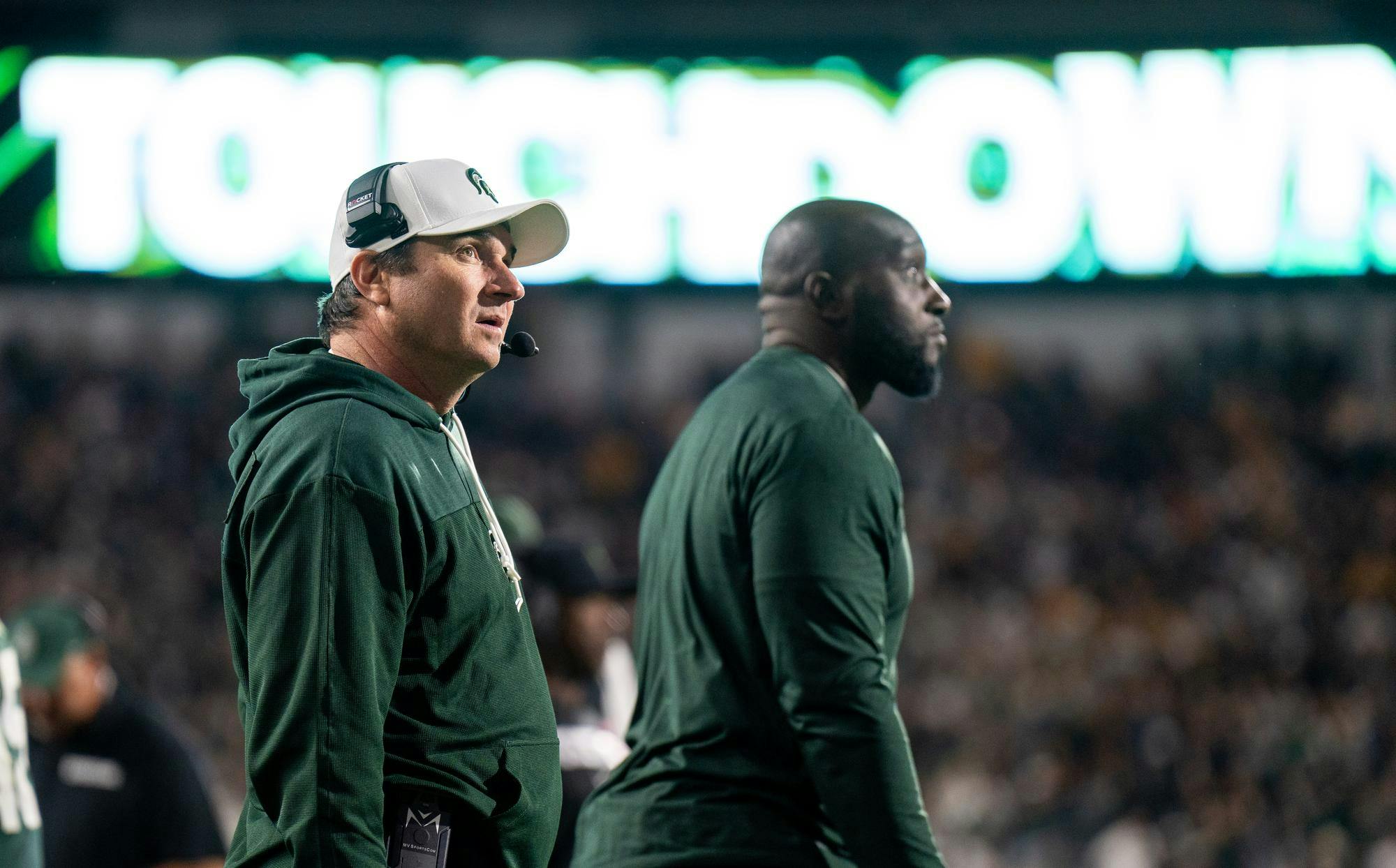 <p>Michigan State University head football coach Jonathan Smith watches the scoreboard as his team scores a touchdown during the game against the University of Iowa at Spartan Stadium on Oct. 19, 2024. The Spartans beat the Hawkeyes 32-20, breaking a three-game losing streak.</p>