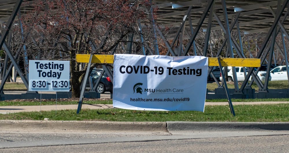 <p>Entrance to a Michigan State University drive-through COVID-19 testing center on April 2, 2020.</p>