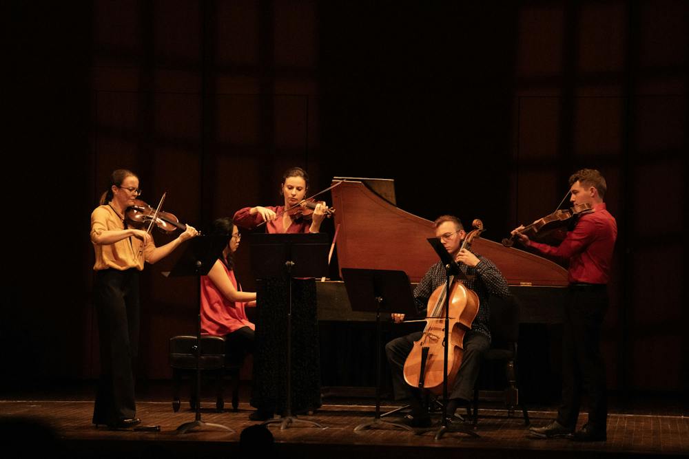 <p>A group of musicians perform early American music on stage in Fairchild Auditorium in East Lansing, Mich., on Sept. 15, 2026.</p>