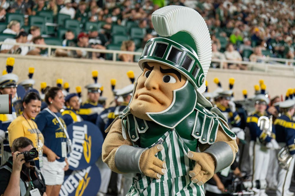 <p>Sparty is seen during the Michigan State vs. Toledo football game at Spartan Stadium in East Lansing, Mich., on Friday, Sept. 4, 2026.</p>