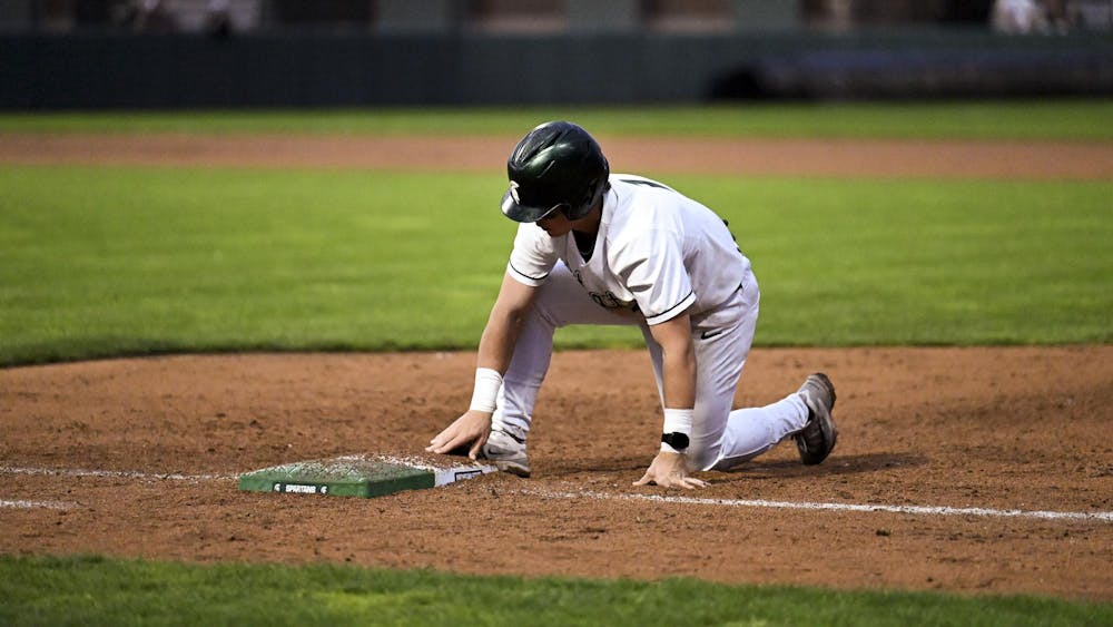 <p>MSU junior Ryan McKay reaches first base at Jeff Ishbia Field at McLane Baseball Stadium in East Lansing, Mich., on Friday, April 24, 2026. </p>