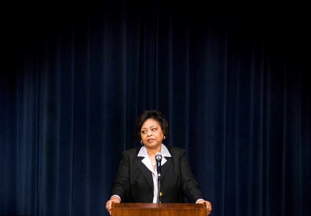 Shirley Sherrod, former Georgia State Director of Rural Development for the United States Department of Agriculture, speaks to a crowd on Thursday night at the Pasant Theatre. Sherrod discussed her resignation and how it ties into racism today as part of the Civil Rights Series hosted by the College of Osteopathic Medicine.  Lauren Wood/The State News