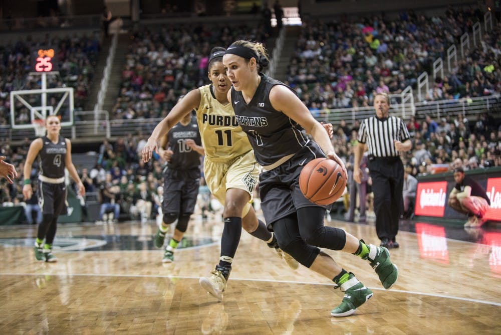 Senior guard Tori Jankoska (1) drives the ball up to the net during the third quarter of the women's basketball game against Purdue on Jan. 22, 2017 at Breslin Center. The Spartans were defeated by the Boilermakers, 76-66. 