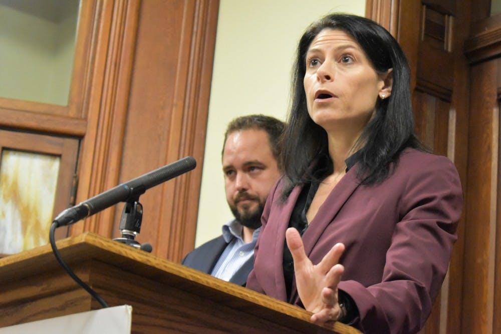 <p>Democratic candidate for attorney general, Dana Nessel, speaks at a press conference in Lansing on Oct. 1, 2018.</p>