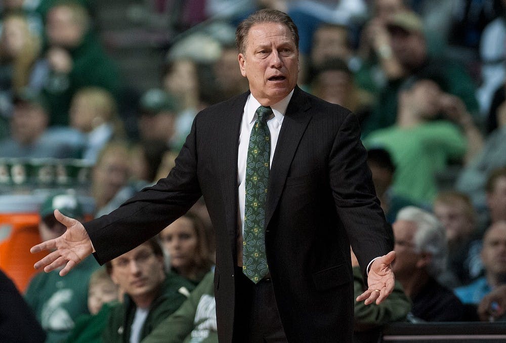 	<p>Men&#8217;s basketball head coach Tom Izzo reacts to a call by officials during the game against Oakland on Dec. 14, 2013, at The Palace of Auburn Hills in Auburn Hills, Mich. The Spartans defeated the Grizzlies, 67-63. Danyelle Morrow/The State News</p>