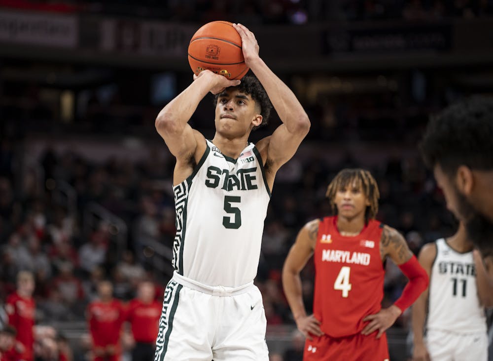 <p>Christie (5) shoots a free throw, scoring MSU&#x27;s final points of their match against Maryland at Gainbridge Fieldhouse in Indianapolis on March 10, 2022.</p>