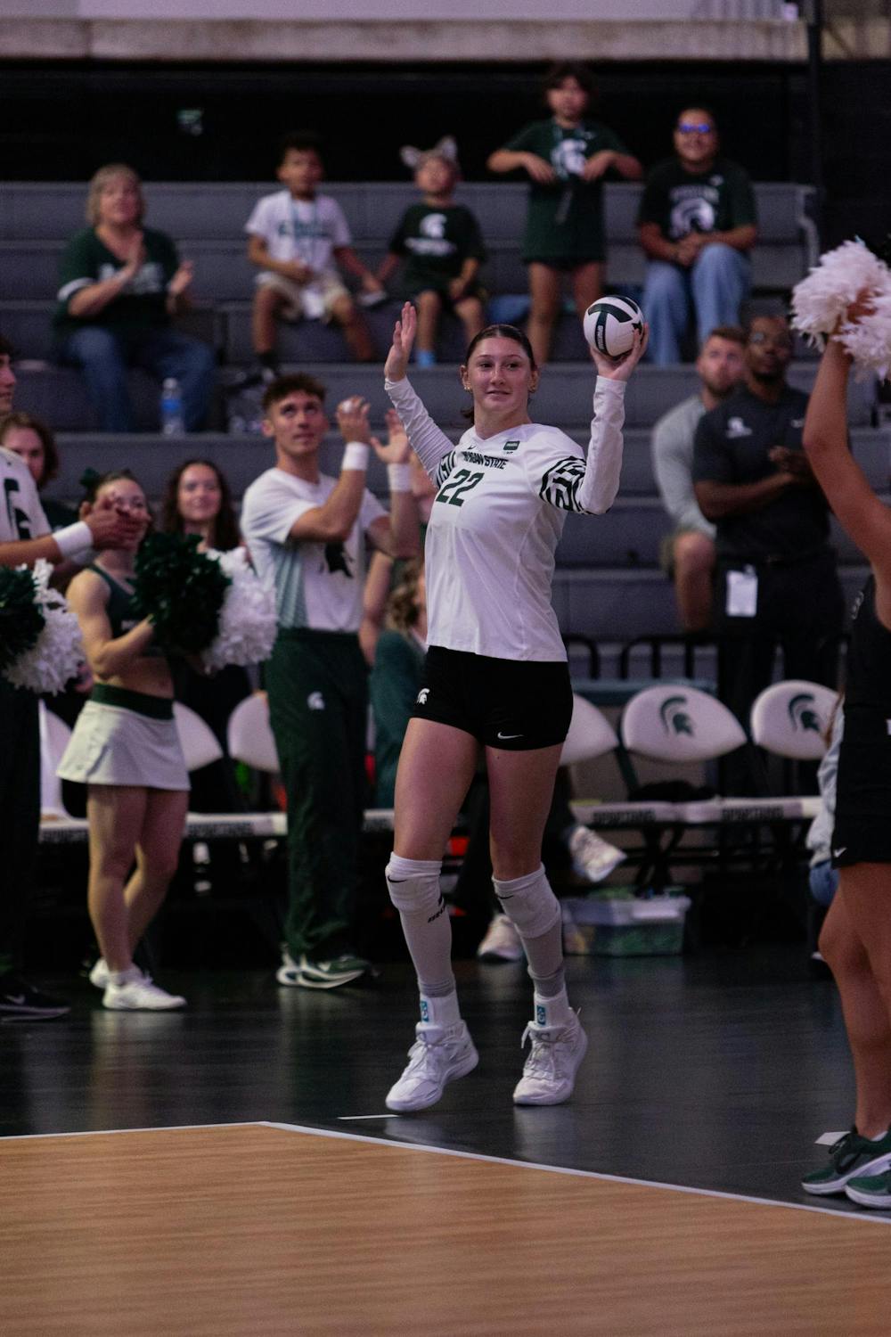 <p>Michigan State junior middle blocker Carmen Waye (22) runs onto the court during the Michigan State vs Western Michigan volleyball game at the Breslin Center on Tuesday, Sept. 8, 2026.</p>