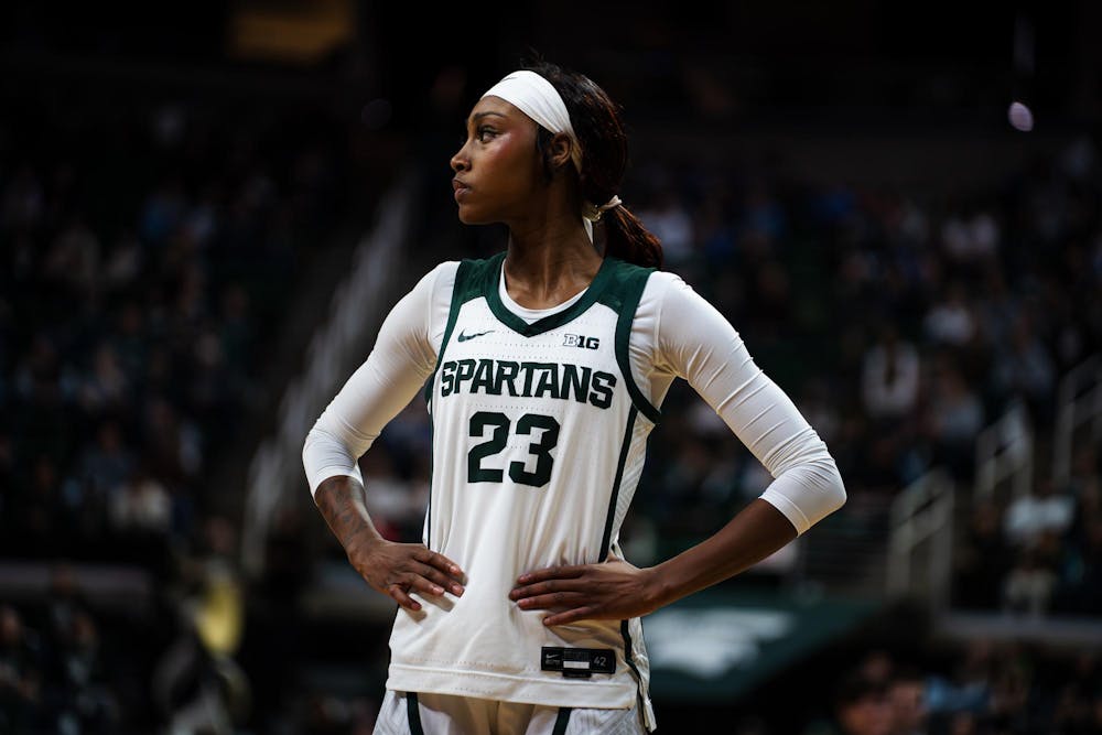 <p>Jalyn Brown (23), senior guard for Michigan State University, on the court during a women’s basketball game against Ohio State University at the Breslin Center in East Lansing, Michigan on Sunday, March 1, 2026.</p>