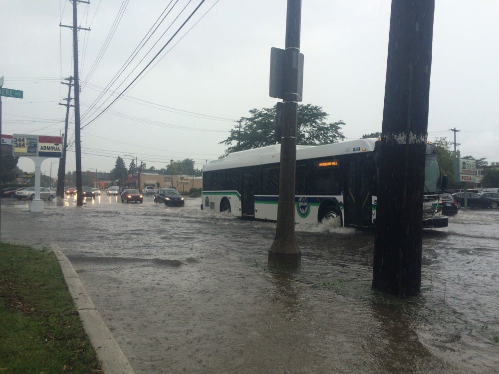 <p>The East Lansing area was hit by a torrential downpour Monday, causing a number of safety hazards and floods.</p>