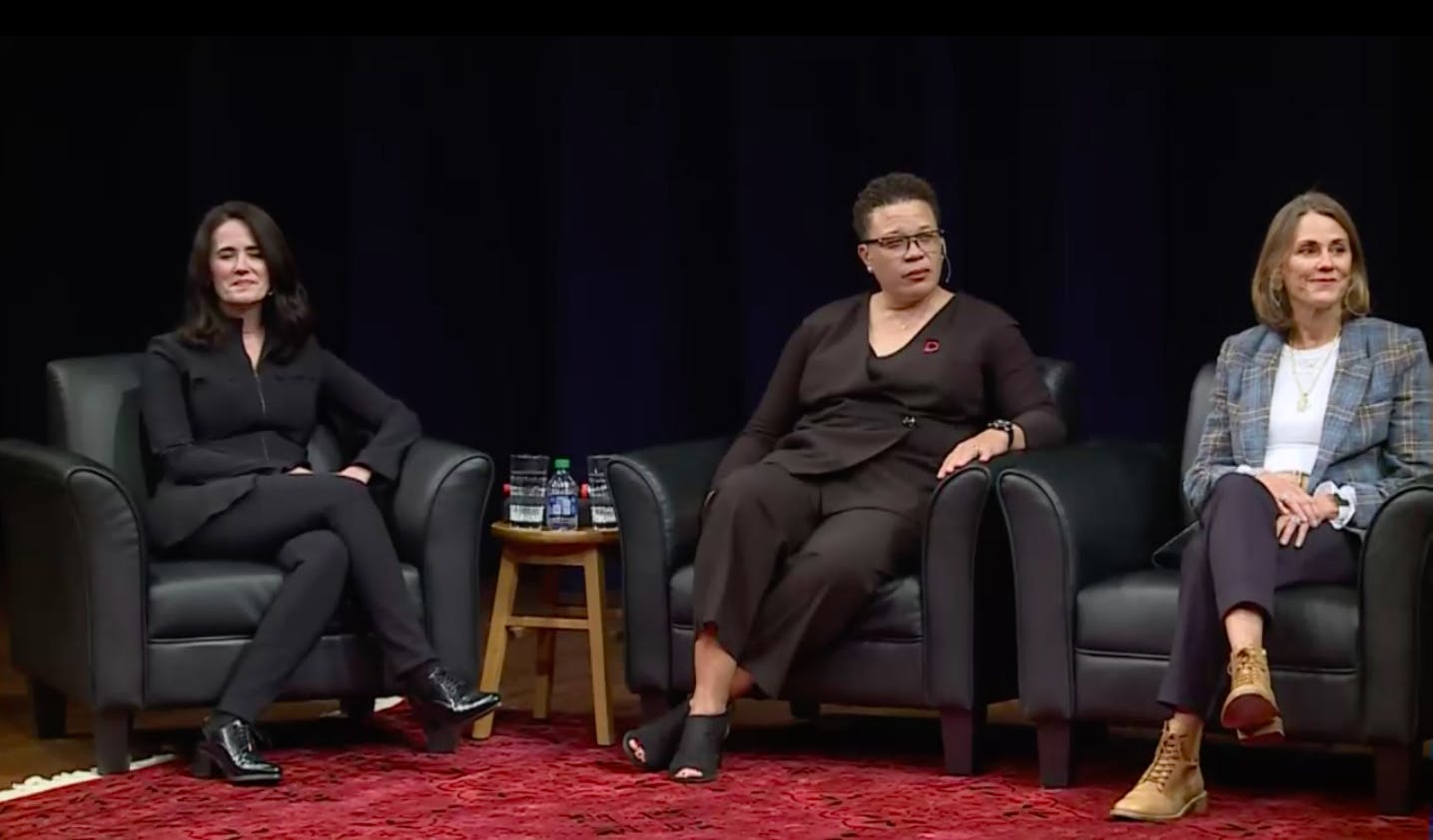 <p>From left to right, Angela Cinefro, Trina Scott and Brenda Becker speak at the &quot;The Future of Work and Leadership&quot; panel. Photo originally from WKAR livestream on Sept. 30, 2021.</p>