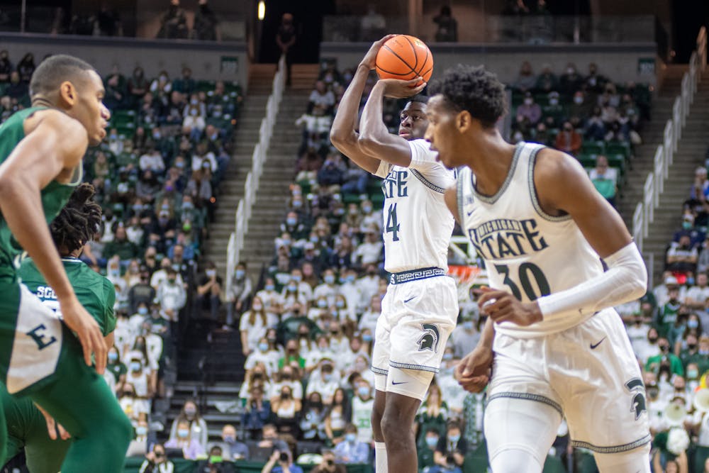 <p>Senior forward Gabe Brown (44) pulls up for a jump shot against Eastern Michigan at the Breslin Center in East Lansing on Nov. 20, 2021.</p>