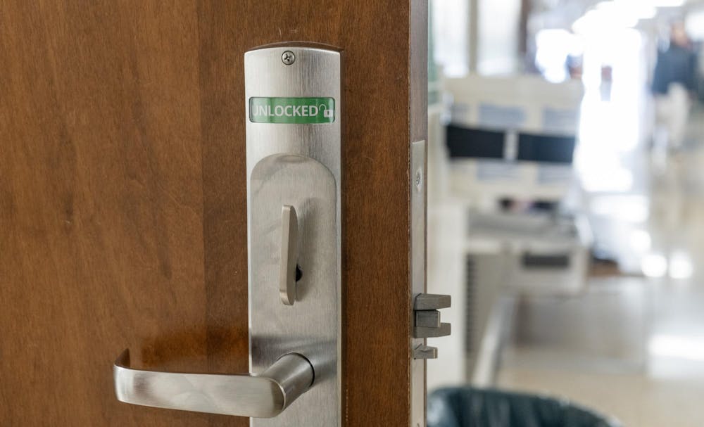 New locks in the doors at Wells Hall on Nov. 2, 2023. The locks have been installed in every door at Wells Hall to enhance security. 