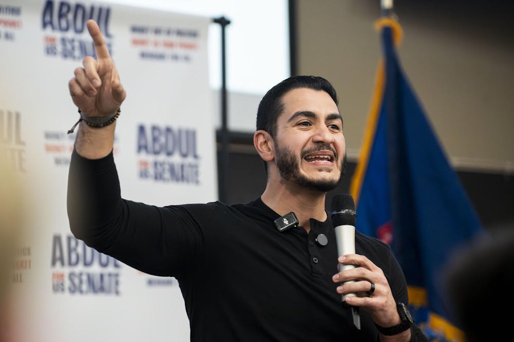 <p>Abdul El-Sayed speaks about healthcare and federal spending at a rally to gain votes for his senate race in Armstrong hall in East Lansing, Mich., on April 7, 2026. </p>