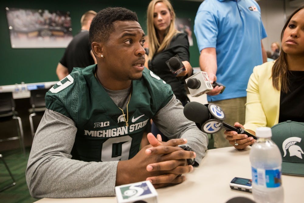 Junior safety Montae Nicholson (9) responds to a question from the media during Media Day on Aug. 8, 2016 at Spartan Stadium. Media Day allowed for the media to converse with the team's coaches and players.