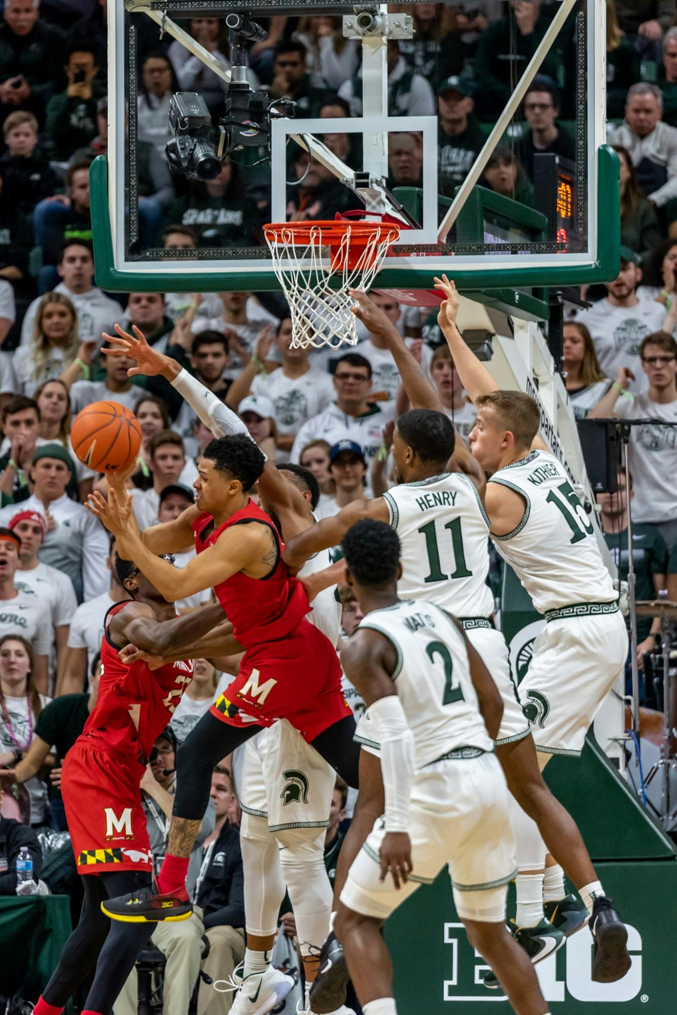 <p>Michigan State and Maryland players battle over a rebound. The Spartans fell to the Terrapins, 60-67, at the Breslin Student Events Center on Feb. 15, 2020. </p>