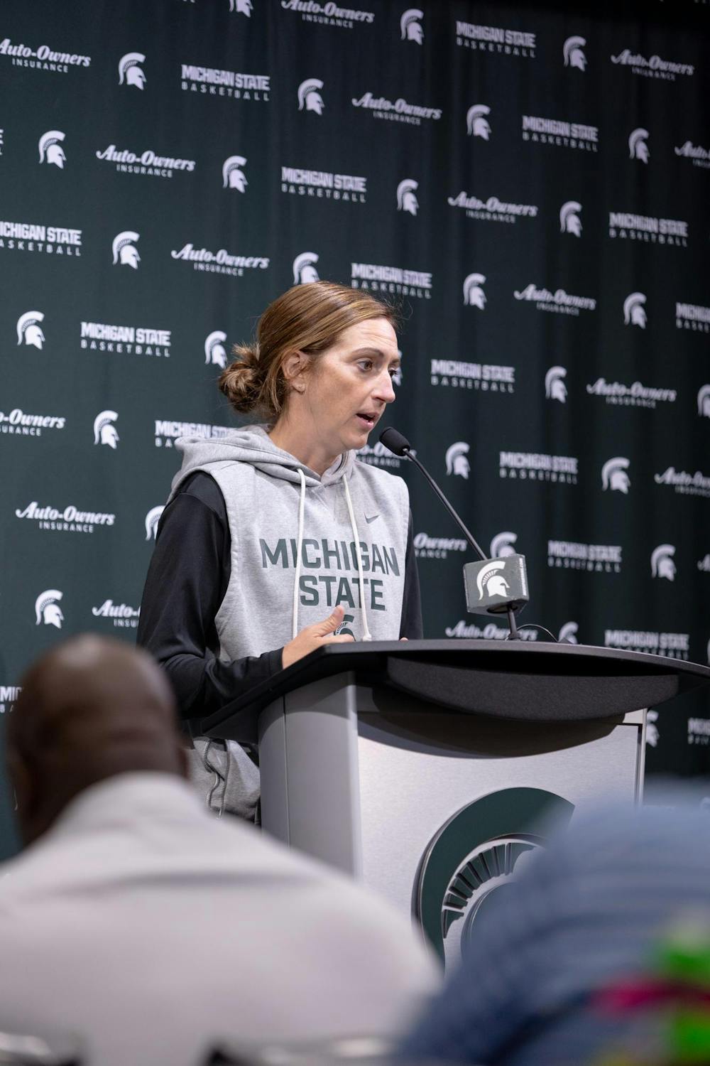 <p>Michigan State head women's basketball coach Robyn Fralick answers a question during the press conference for the first day of practice for MSU women's basketball at the Breslin Center in East Lansing, Mich., on Tuesday, Sept. 22, 2026.</p>
