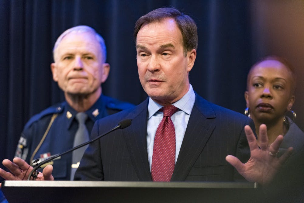 Michigan Attorney General Bill Schuette speaks to the media during a press conference on Feb. 22, 2017 at the attorney general's office at 525 W. Ottawa St. in East Lansing. 