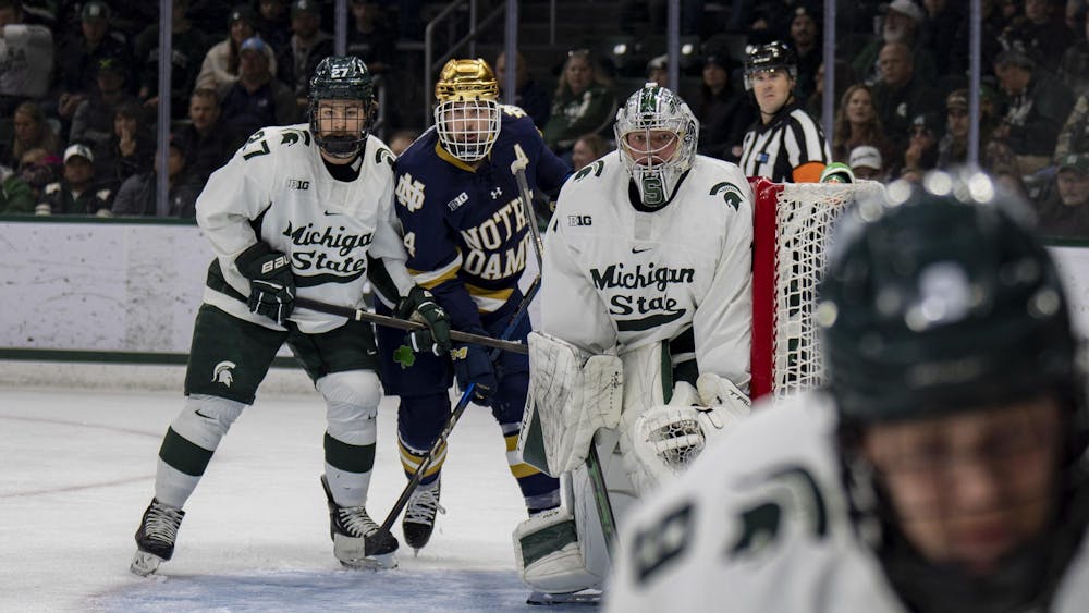 <p>Michigan State and Notre Dame players watch the puck from the goal at Munn Ice Arena on Nov. 15, 2024. Michigan State takes the win 8-3. </p>