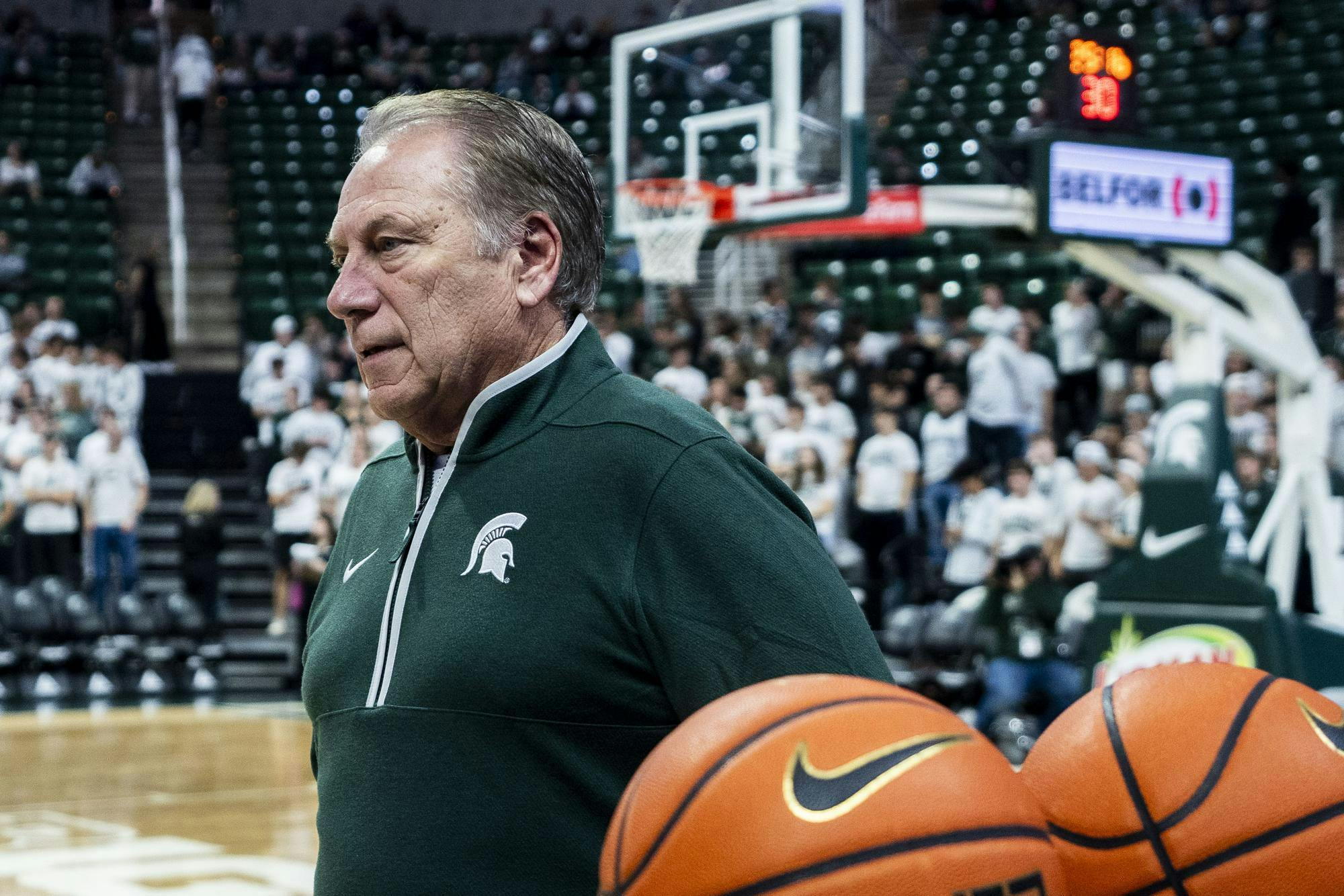 <p>Michigan State head men’s basketball coach Tom Izzo watches the team practice before their first game of the season against Colgate in the Breslin Center in East Lansing, Michigan, on Nov. 3, 2025.</p>
