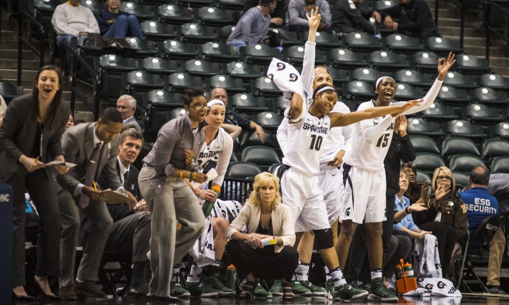 The Spartans cheer on their teammates during the game against Wisconsin in the second round of the women's Big Ten Tournament on March 3, 2017 at Bankers Life Fieldhouse in Indianapolis. The Spartans defeated the Badgers, 70-63.