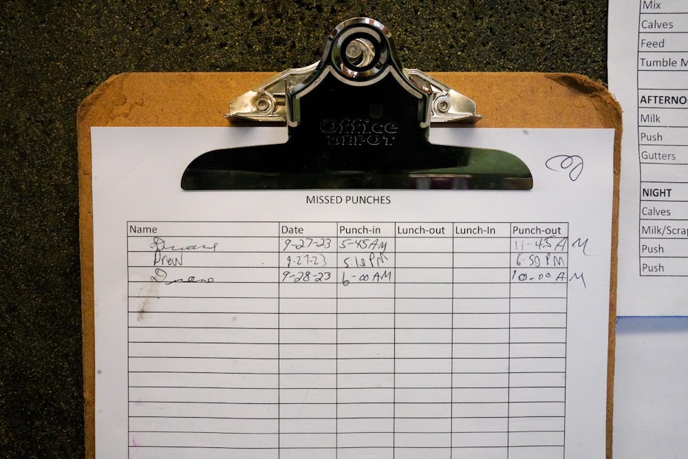 <p>The work log of Duane Reum, 88, of Lansing, from two days of working in the morning at the Dairy Cattle and Research Center in Lansing on Sept. 28, 2023. Reum said he typically underestimates his hours because he doesn’t want to be restricted. Under Reum’s title, he is allowed to work 1039 hours per year at the farm. In 2022, Reum had to take two months off because he worked too many hours at the farm.</p>