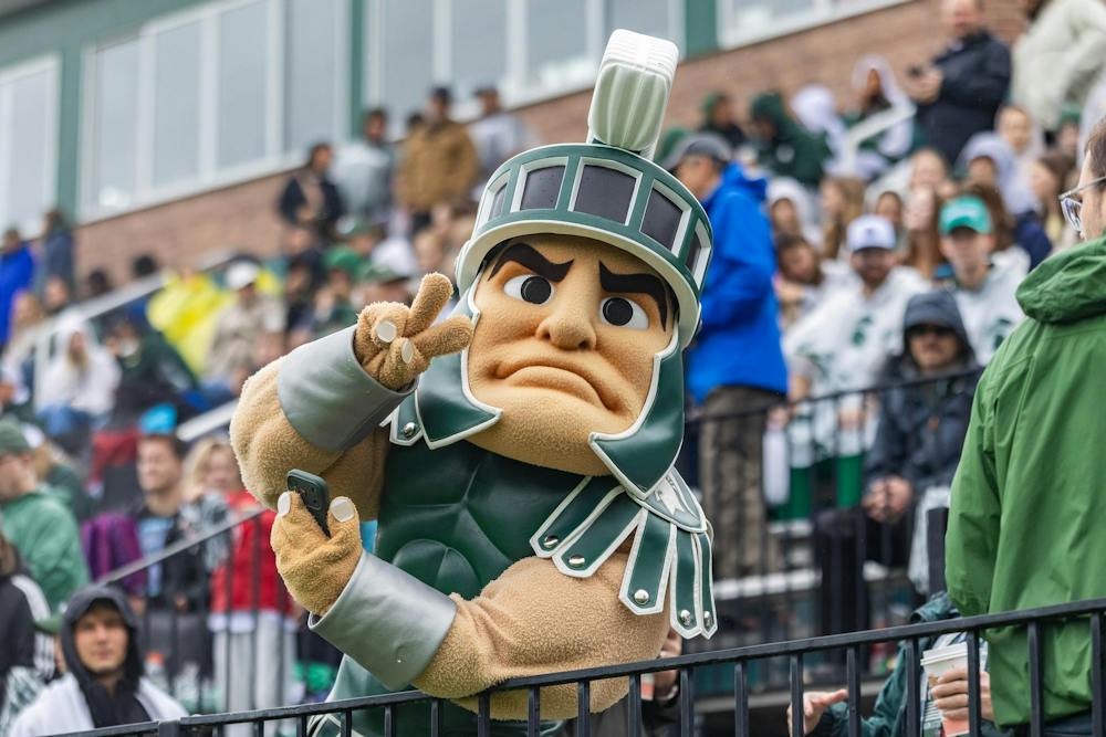<p>Sparty poses for a picture as he continues to entertain the crowd of DeMartin Stadium during halftime of the Michigan State vs. Michigan women's soccer match in East Lansing, Mich., on Sept. 20, 2026.</p>