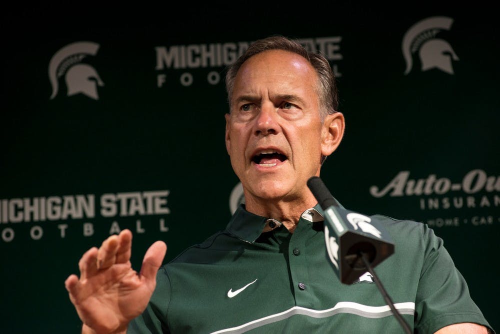 Head coach Mark Dantonio responds to a question from the media during Media Day on Aug. 8, 2016 at Spartan Stadium. Media Day allowed for the media to converse with the team's coaches and players.