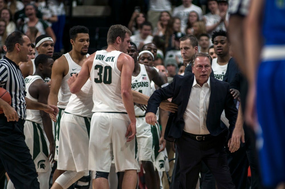 Head basketball coach Tom Izzo reacts to a technical foul call during a game against Florida Gulf Coast on Nov. 20, 2016 at Breslin Center. 