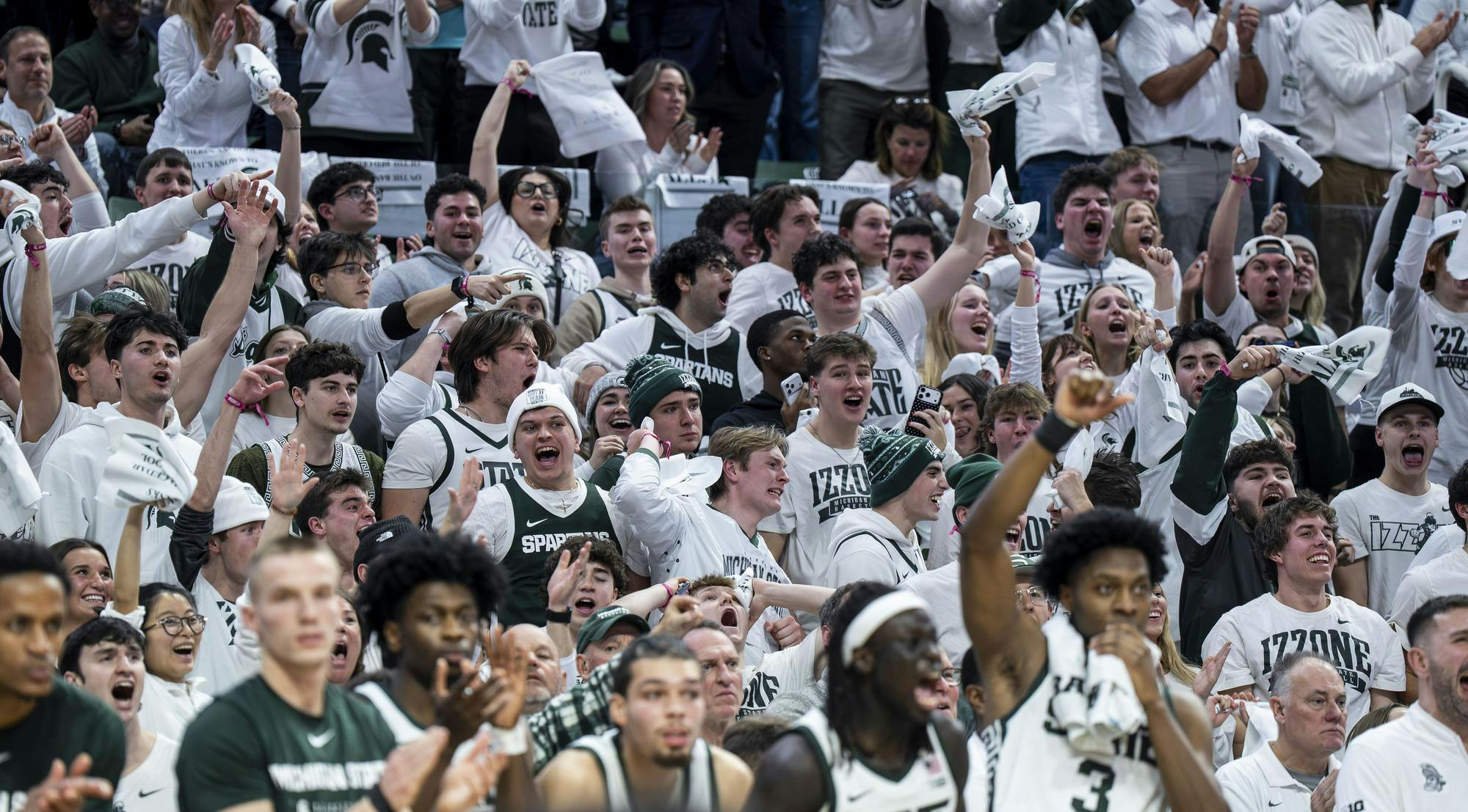 Spartan fans cheer after MSU scored against UM in the Breslin Student Events Center on Jan. 30, 2026. 