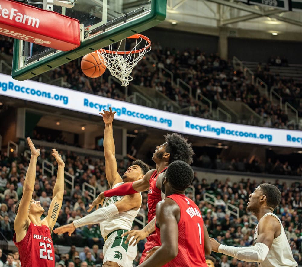 Freshman forward Malik Hall (25) shoots the ball during the game against Rutgers at Breslin Center on Dec. 8, 2019. The Spartans defeated the Scarlett Knights, 77-65.
